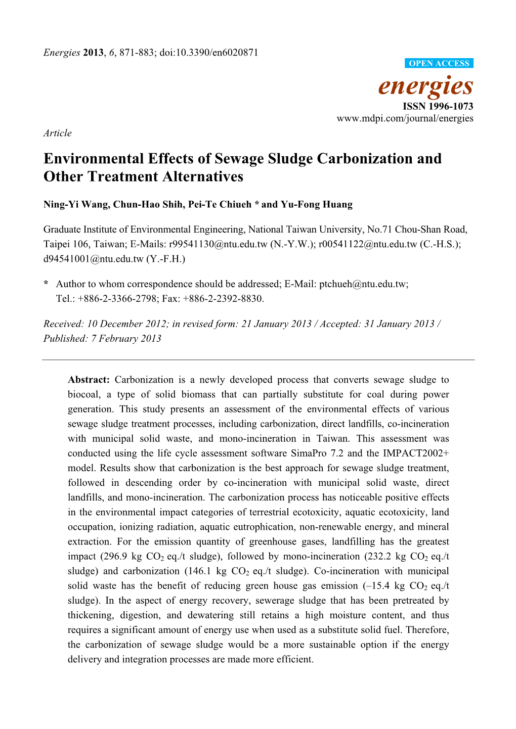 Environmental Effects of Sewage Sludge Carbonization and Other Treatment Alternatives