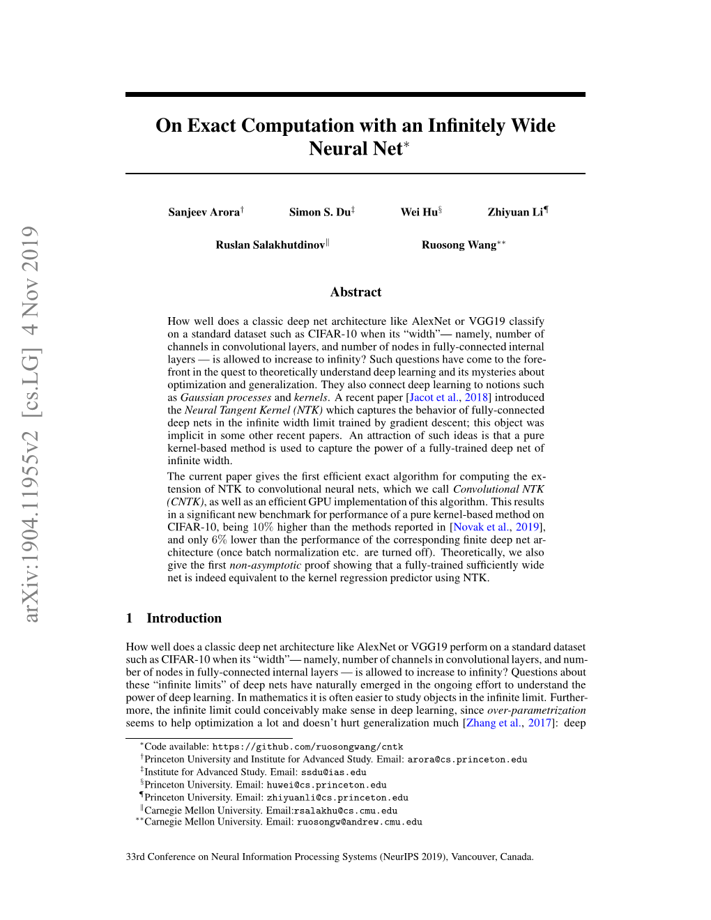 On Exact Computation with an Infinitely Wide Neural