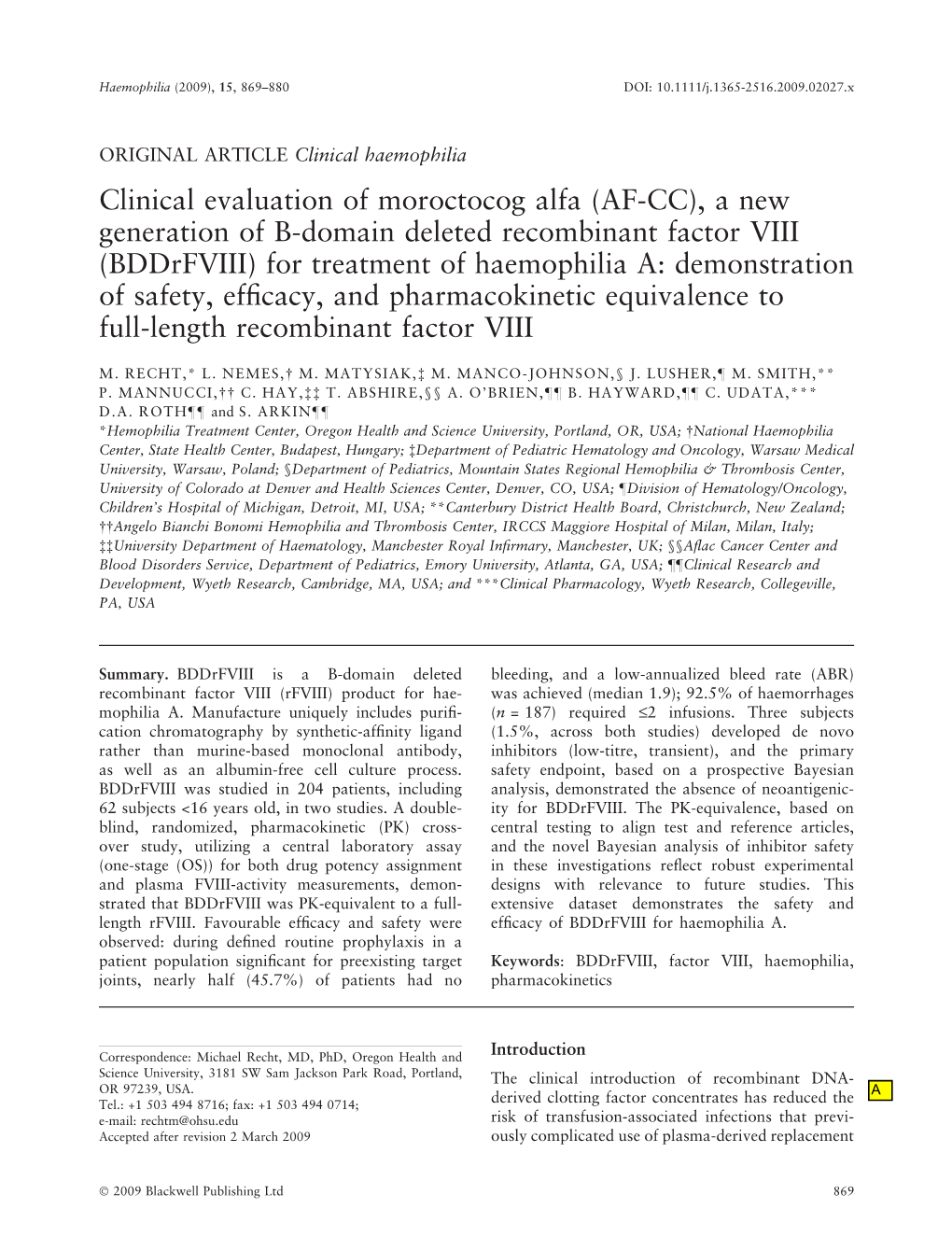 Clinical Evaluation of Moroctocog Alfa (AF-CC), a New Generation of B-Domain Deleted Recombinant Factor VIII (Bddrfviii) For