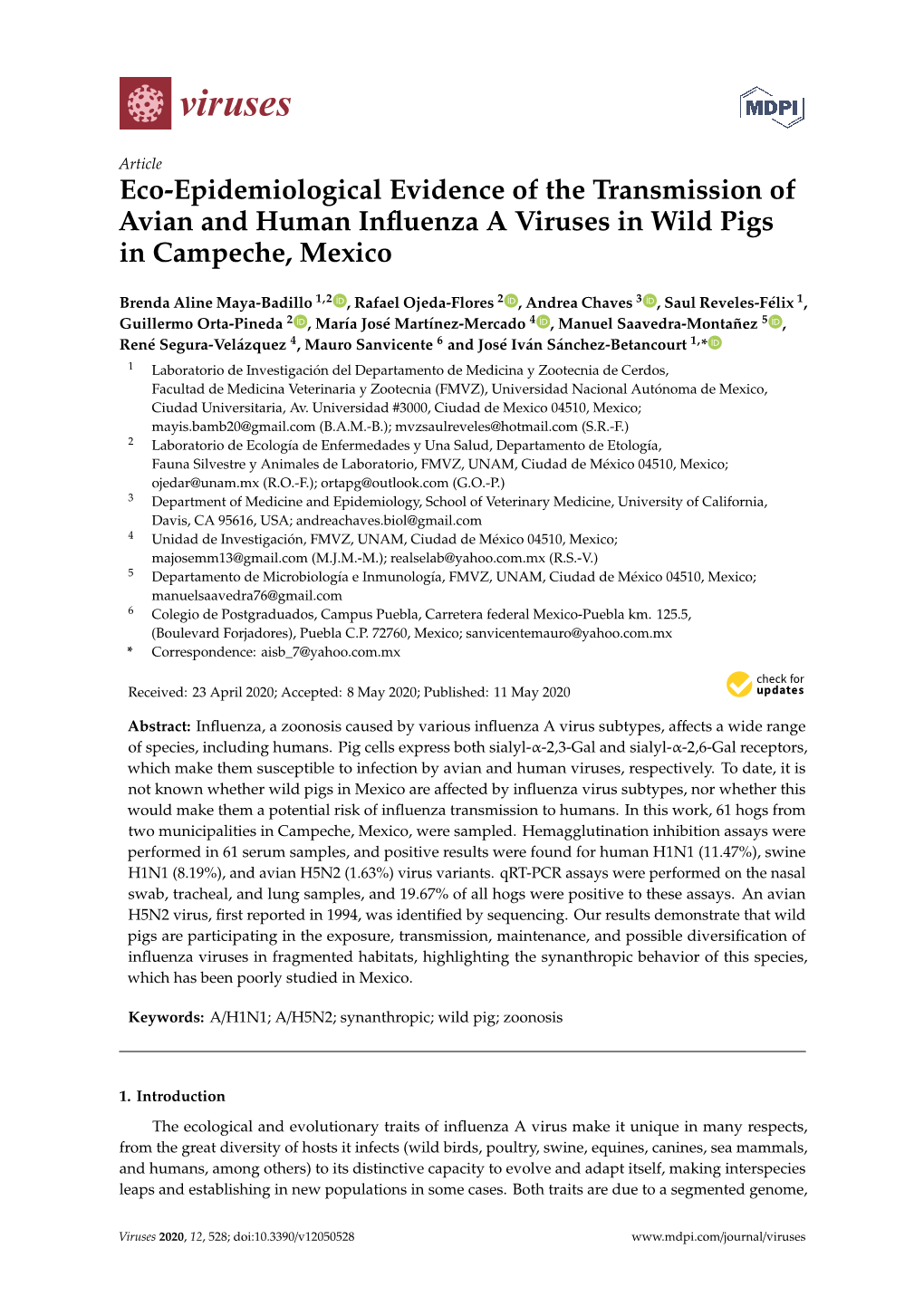 Eco-Epidemiological Evidence of the Transmission of Avian and Human Inﬂuenza a Viruses in Wild Pigs in Campeche, Mexico