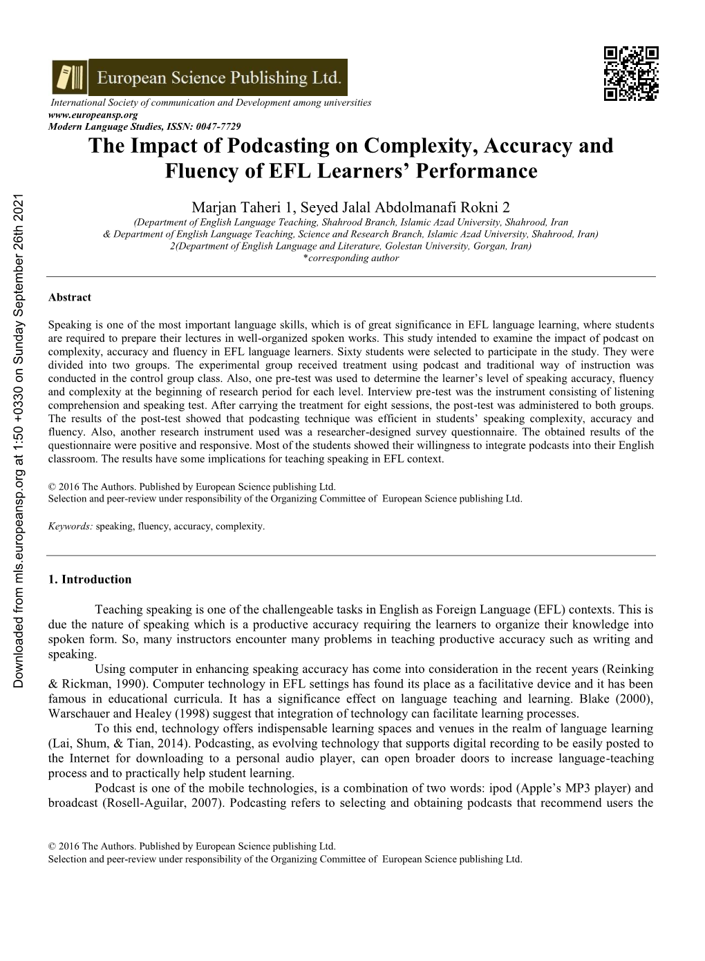 The Impact of Podcasting on Complexity, Accuracy and Fluency of EFL Learners' Performance