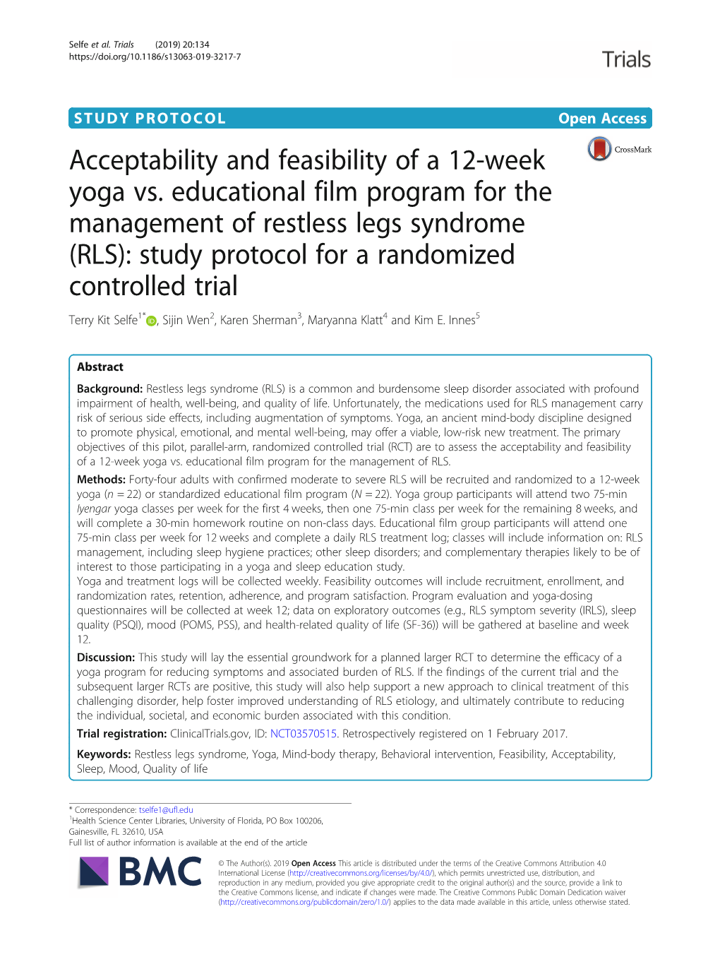 Acceptability and Feasibility of a 12-Week Yoga Vs. Educational Film Program for the Management of Restless Legs Syndrome (RLS)