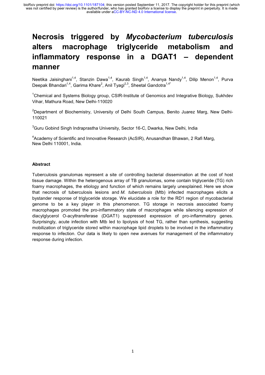 Necrosis Triggered by Mycobacterium Tuberculosis Alters Macrophage Triglyceride Metabolism and Inflammatory Response in a DGAT1 – Dependent Manner