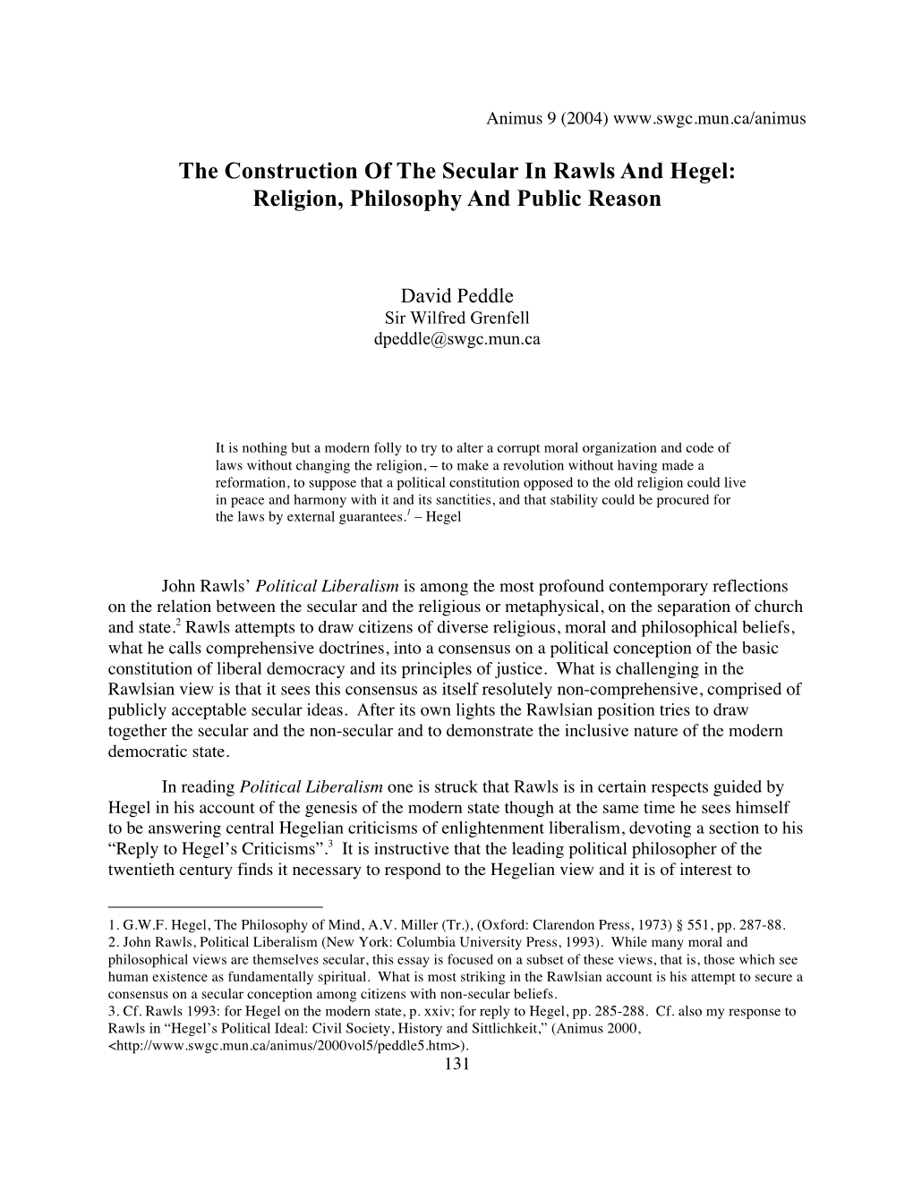 David Peddle, the Construction of the Secular in Rawls and Hegel