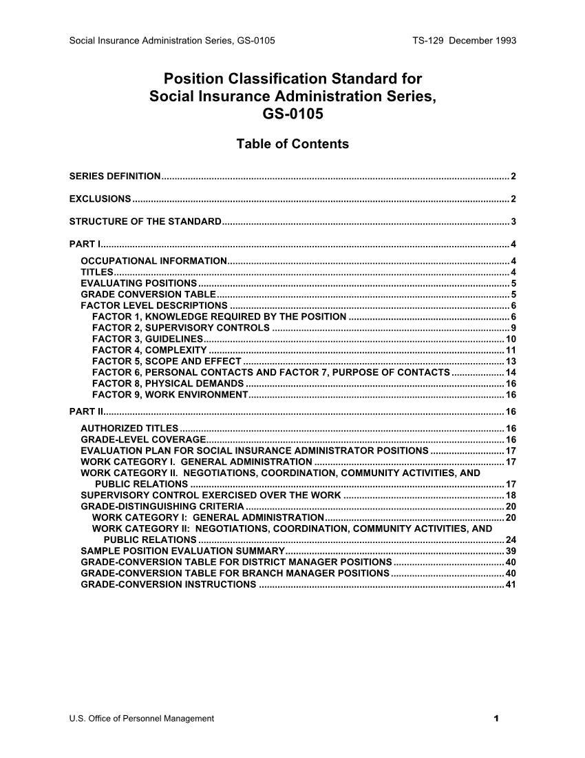 Social Insurance Administration Series, GS-0105 TS-129 December 1993