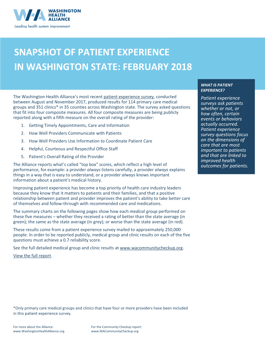 Snapshot of Patient Experience in Washington State: February 2018
