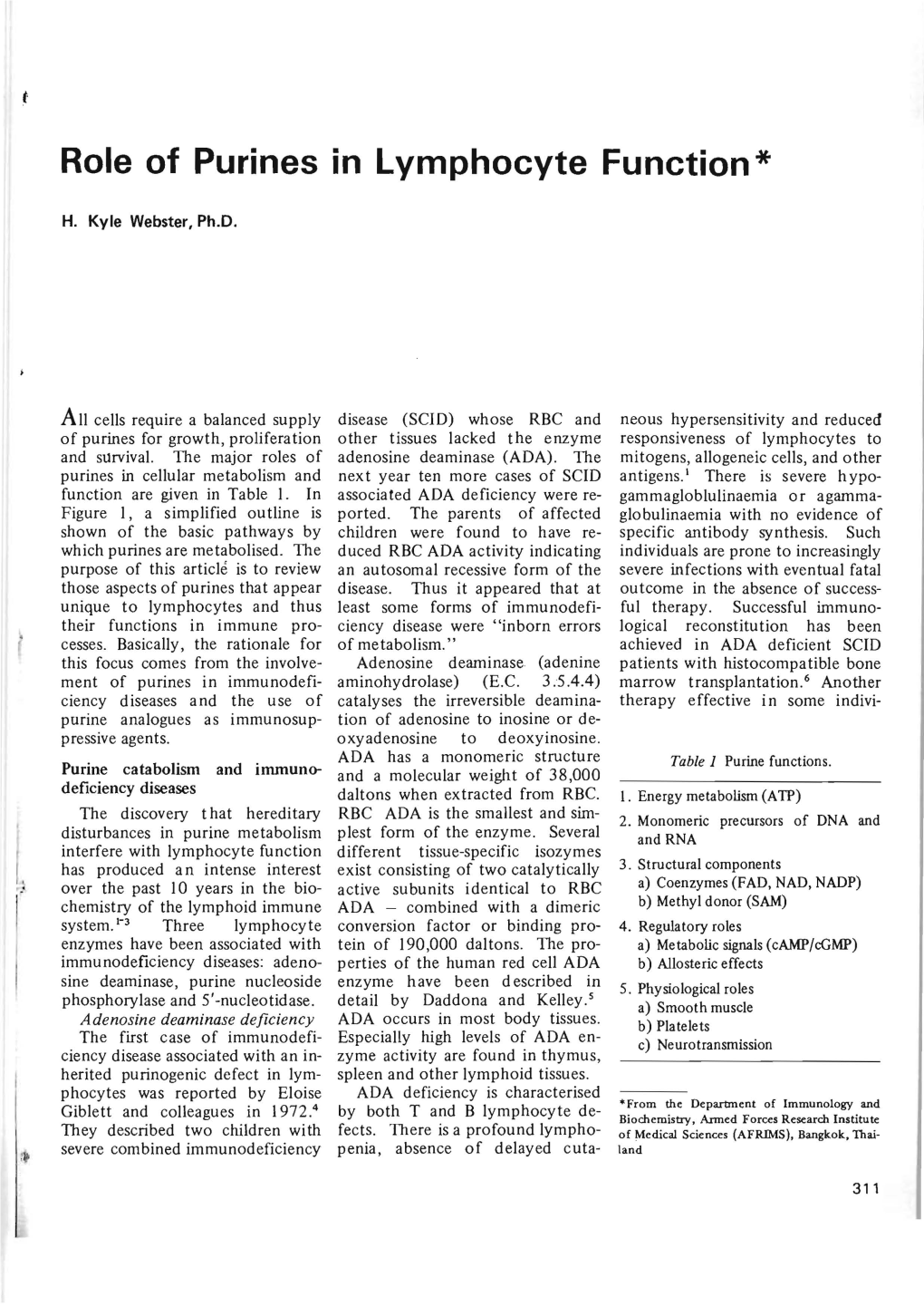 Role of Purines in Lymphocyte Function *