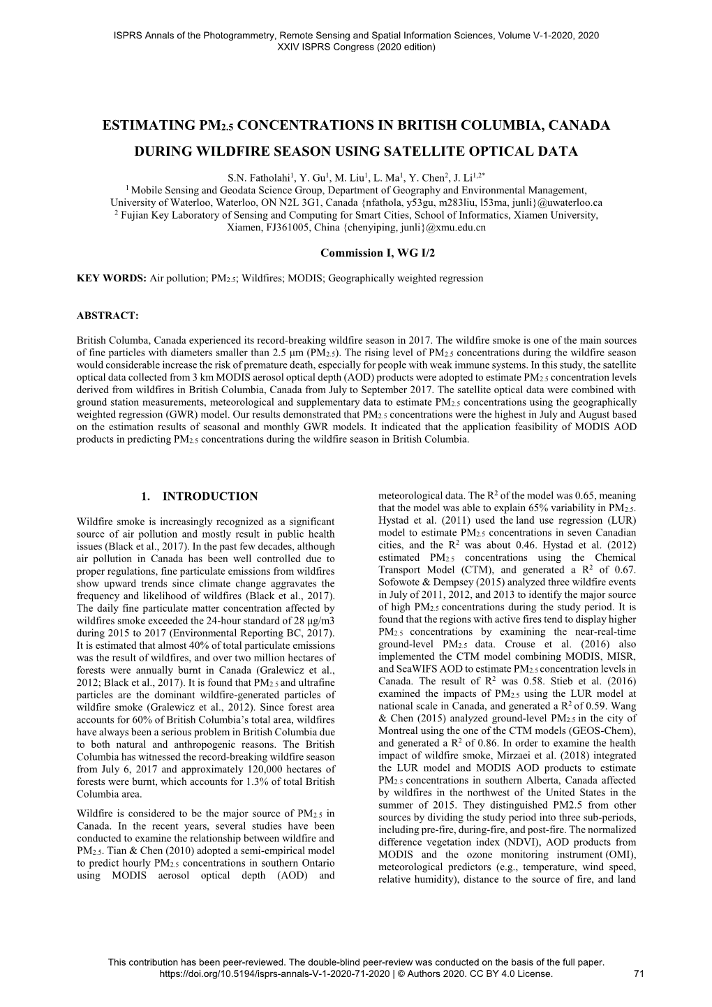 Estimating Pm2.5 Concentrations in British Columbia, Canada During Wildfire Season Using Satellite Optical Data