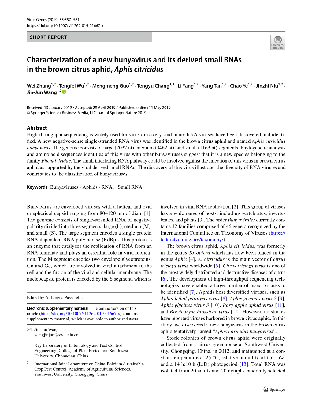 Characterization of a New Bunyavirus and Its Derived Small Rnas in the Brown Citrus Aphid, Aphis Citricidus