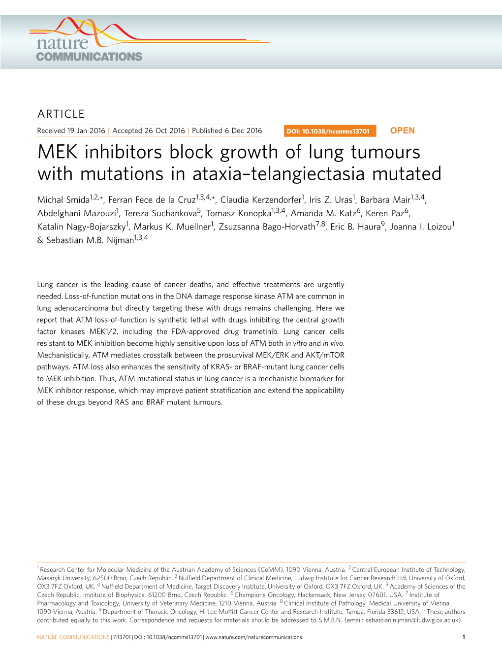 MEK Inhibitors Block Growth of Lung Tumours with Mutations in Ataxia–Telangiectasia Mutated