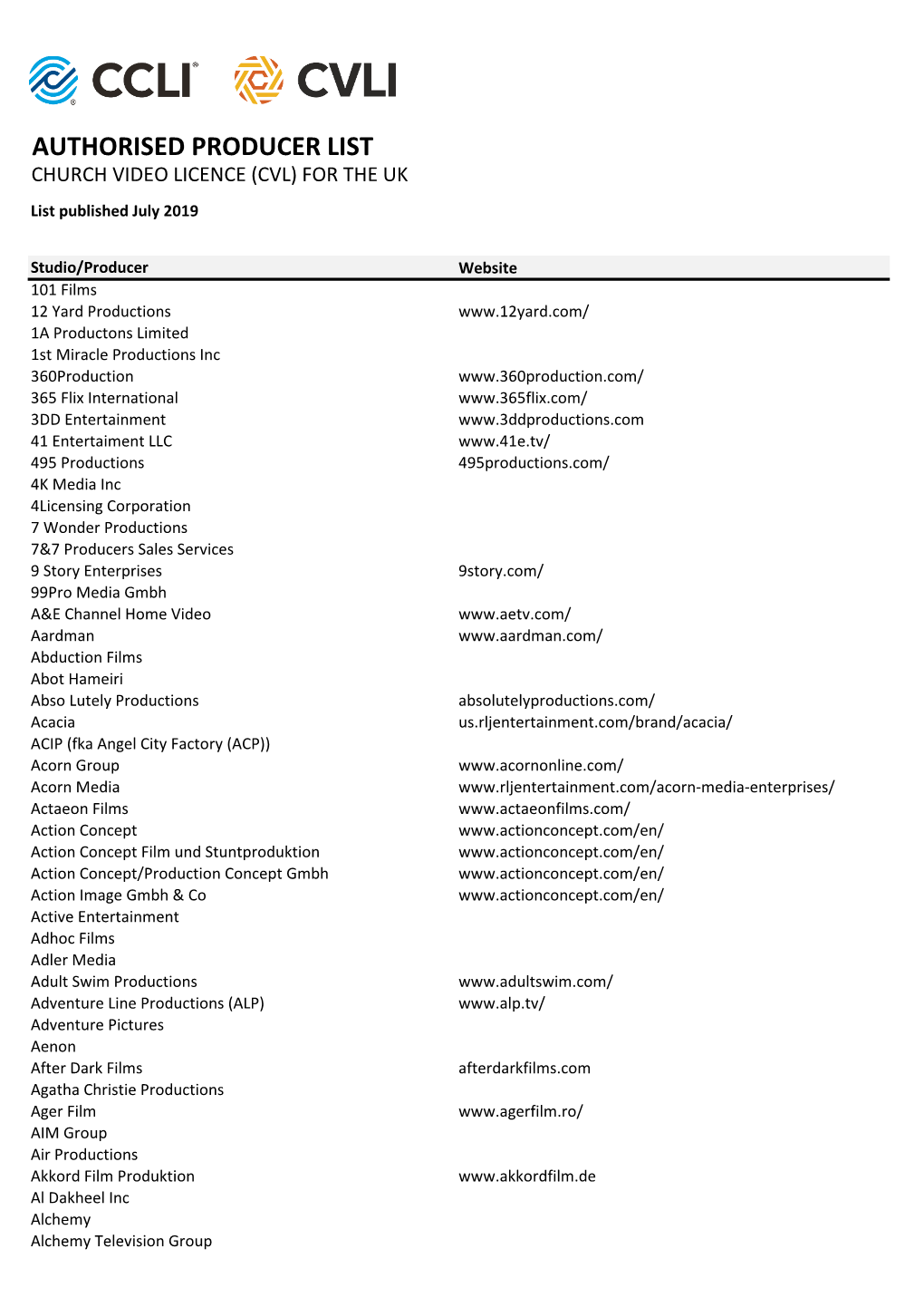 AUTHORISED PRODUCER LIST CHURCH VIDEO LICENCE (CVL) for the UK List Published July 2019