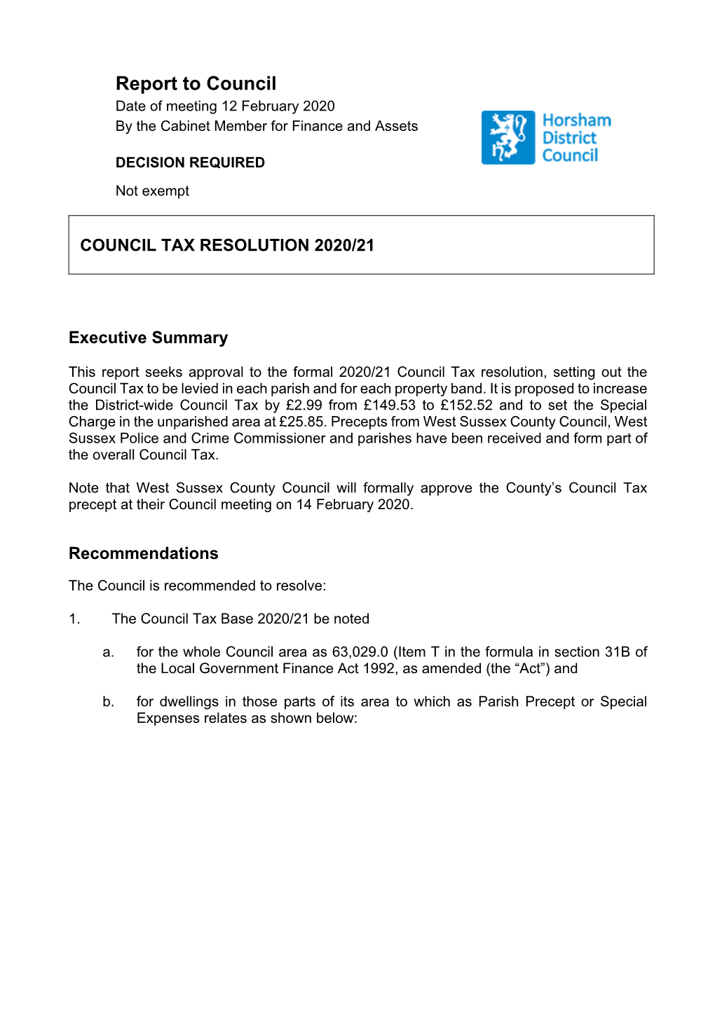 Report to Council Date of Meeting 12 February 2020 by the Cabinet Member for Finance and Assets