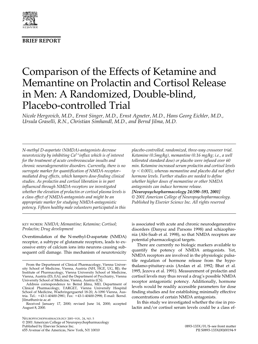 Comparison of the Effects of Ketamine and Memantine on Prolactin And