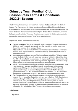 Grimsby Town Football Club Season Pass Terms & Conditions 2020/21