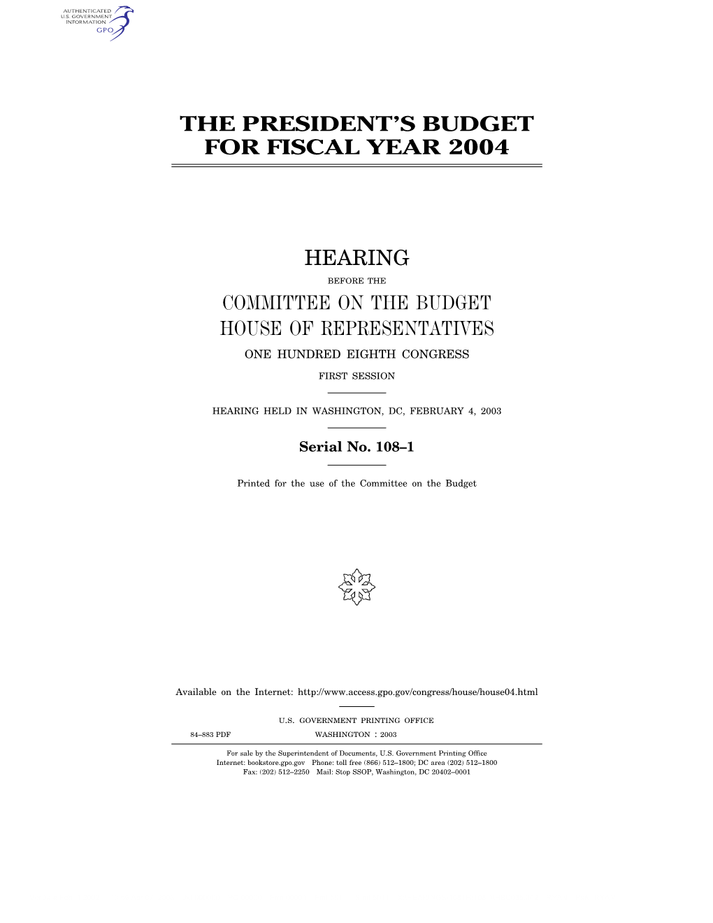 The President's Budget for Fiscal Year 2004 Hearing