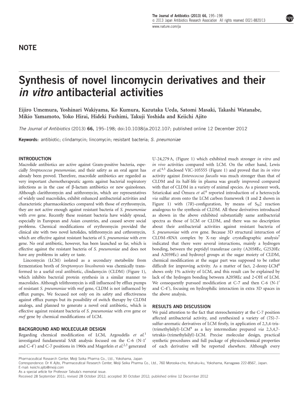 Synthesis of Novel Lincomycin Derivatives and Their in Vitro Antibacterial Activities