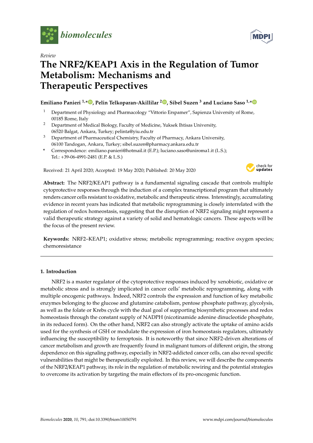 The NRF2/KEAP1 Axis in the Regulation of Tumor Metabolism: Mechanisms and Therapeutic Perspectives