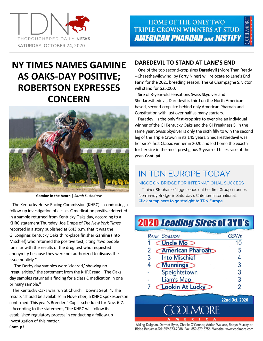 Ny Times Names Gamine As Oaks-Day Positive; Robertson Expresses Concern