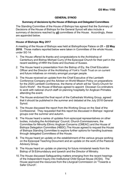 GS Misc 1192 1 GENERAL SYNOD Summary of Decisions by the House of Bishops and Delegated Committees the Standing Committee Of