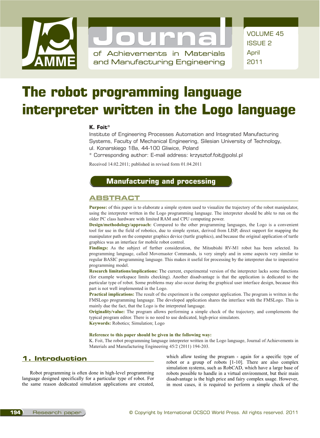 The Robot Programming Language Interpreter Written in the Logo Language, Journal of Achievements in Materials and Manufacturing Engineering 45/2 (2011) 194-203