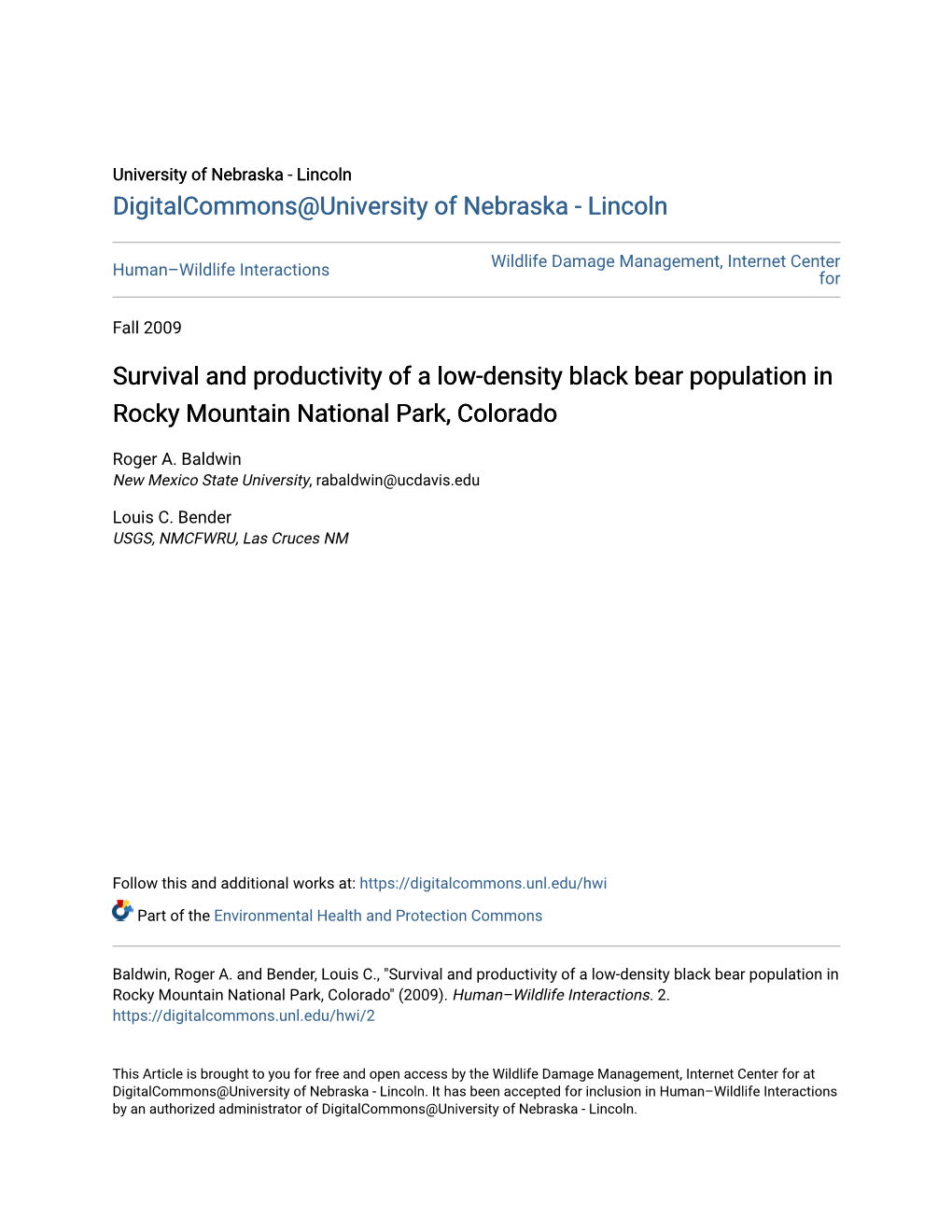 Survival and Productivity of a Low-Density Black Bear Population in Rocky Mountain National Park, Colorado