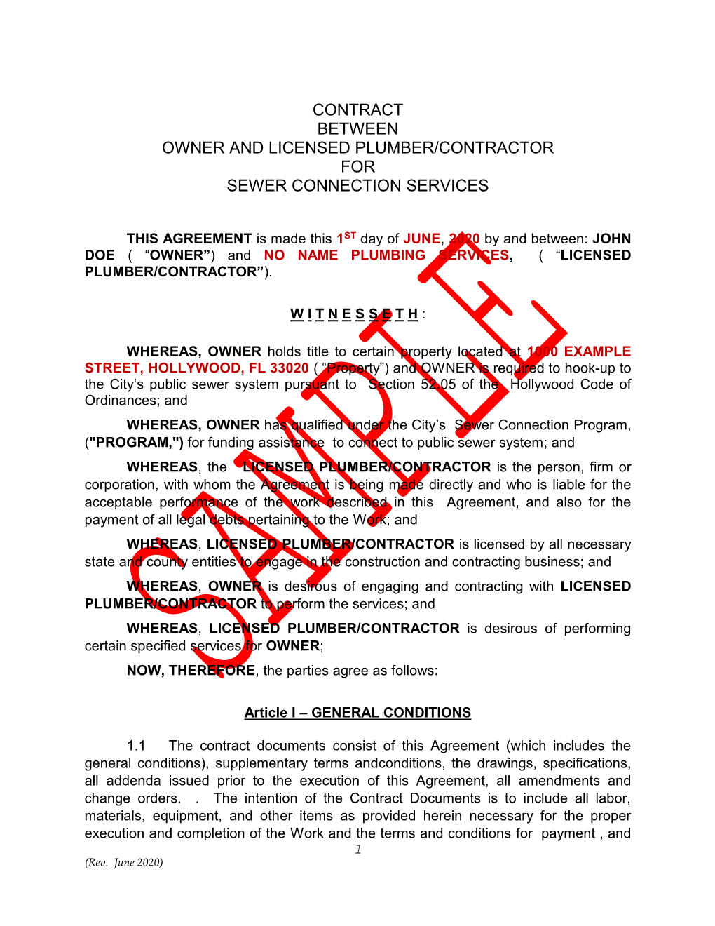 Contract Between Owner and Licensed Plumber/Contractor for Sewer Connection Services