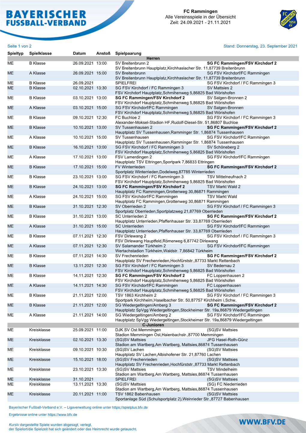 FC Rammingen Alle Vereinsspiele in Der Übersicht Zeit: 05.09.2021