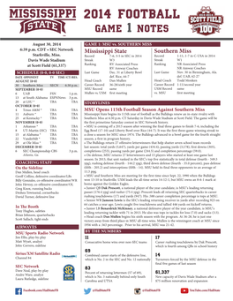 MSU Game 1 Notes Vs. Southern Miss.Indd