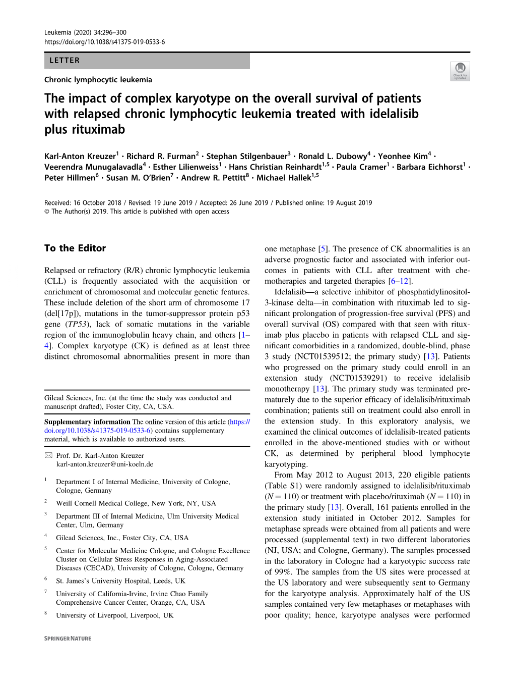 The Impact of Complex Karyotype on the Overall Survival of Patients with Relapsed Chronic Lymphocytic Leukemia Treated with Idelalisib Plus Rituximab