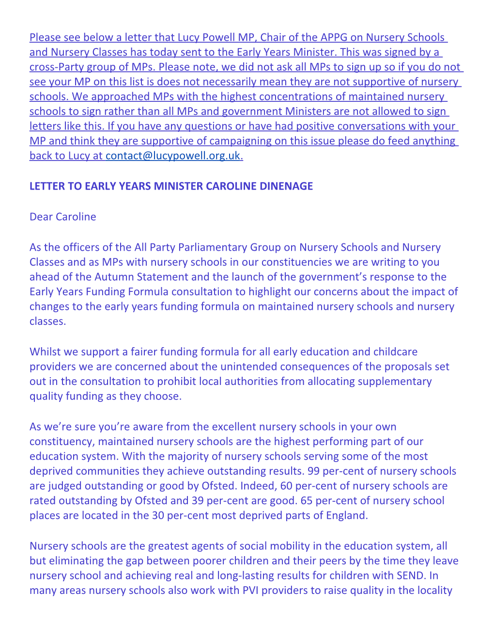 Letter to Early Years Minister Caroline Dinenage