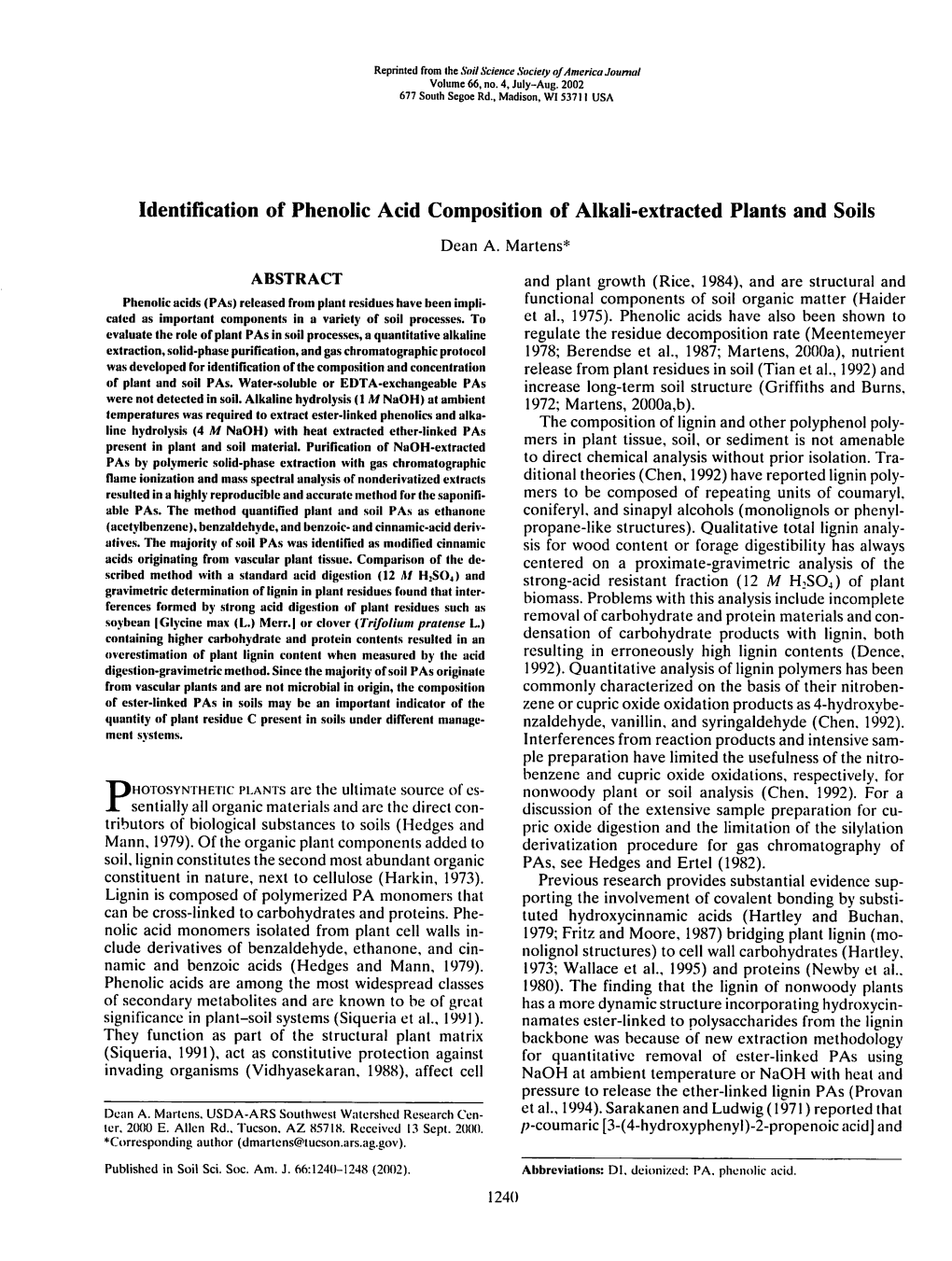 Identification of Phenolic Acid Composition of Alkali-Extracted Plants and Soils