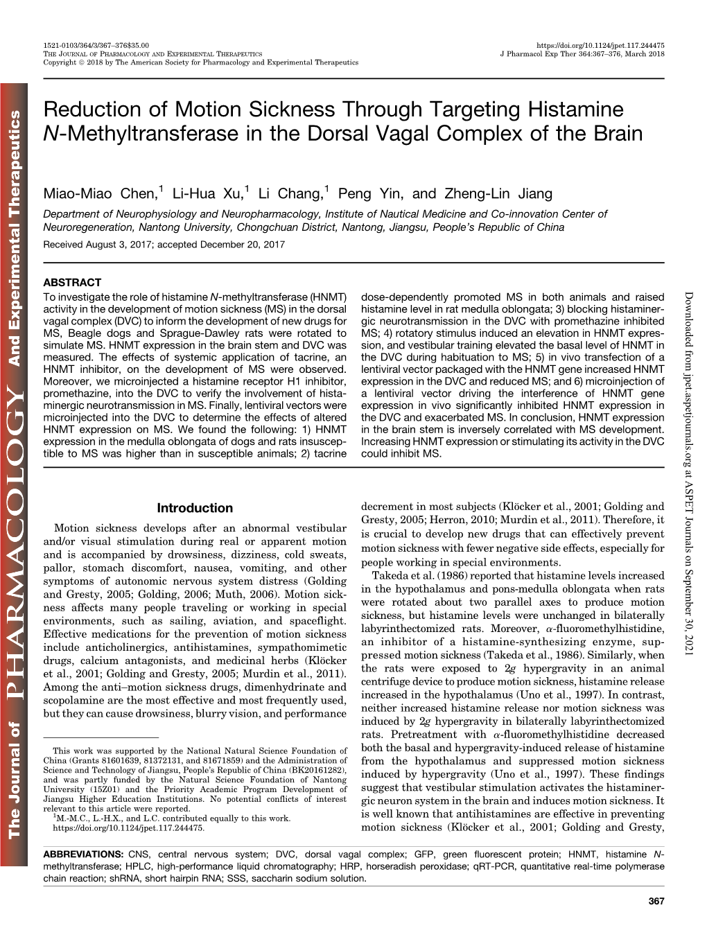 Reduction of Motion Sickness Through Targeting Histamine N-Methyltransferase in the Dorsal Vagal Complex of the Brain