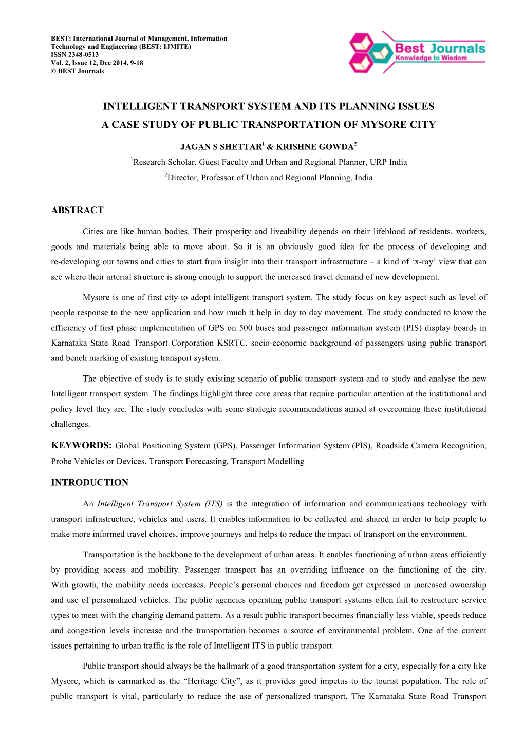 Intelligent Transport System and Its Planning Issues a Case Study of Public Transportation of Mysore City