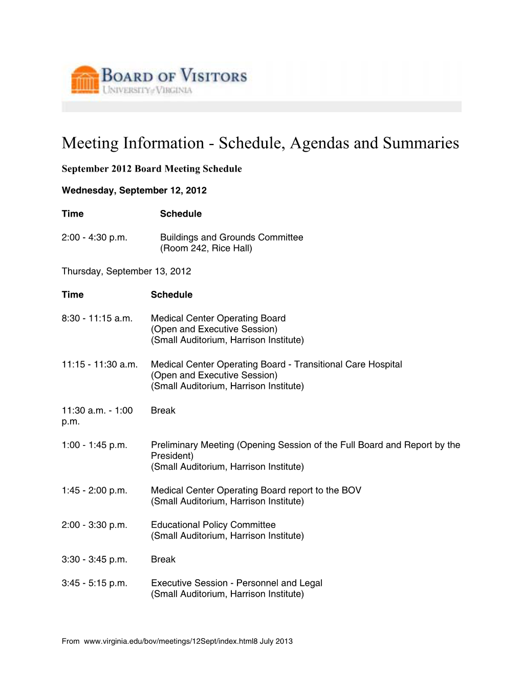 Meeting Information - Schedule, Agendas and Summaries