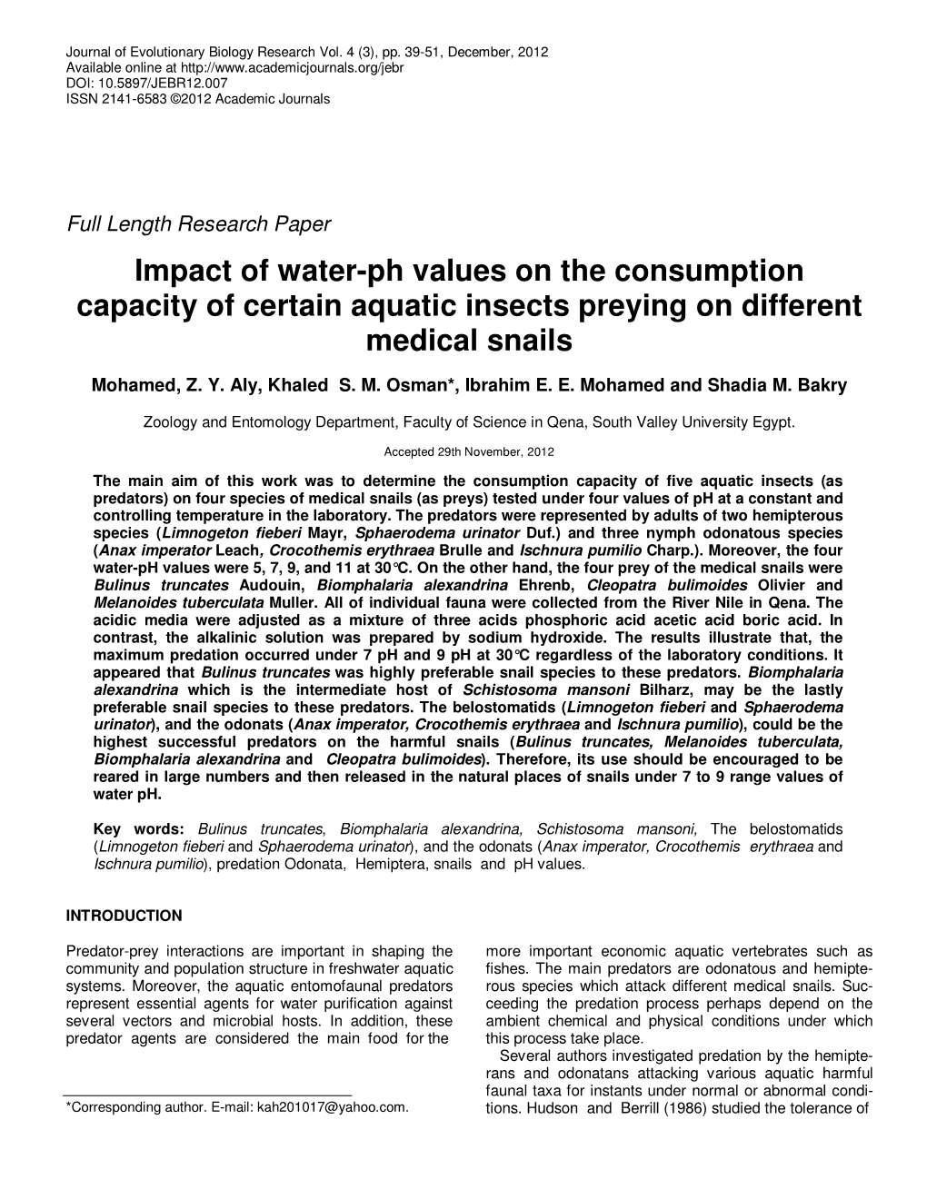 Impact of Water-Ph Values on the Consumption Capacity of Certain Aquatic Insects Preying on Different Medical Snails