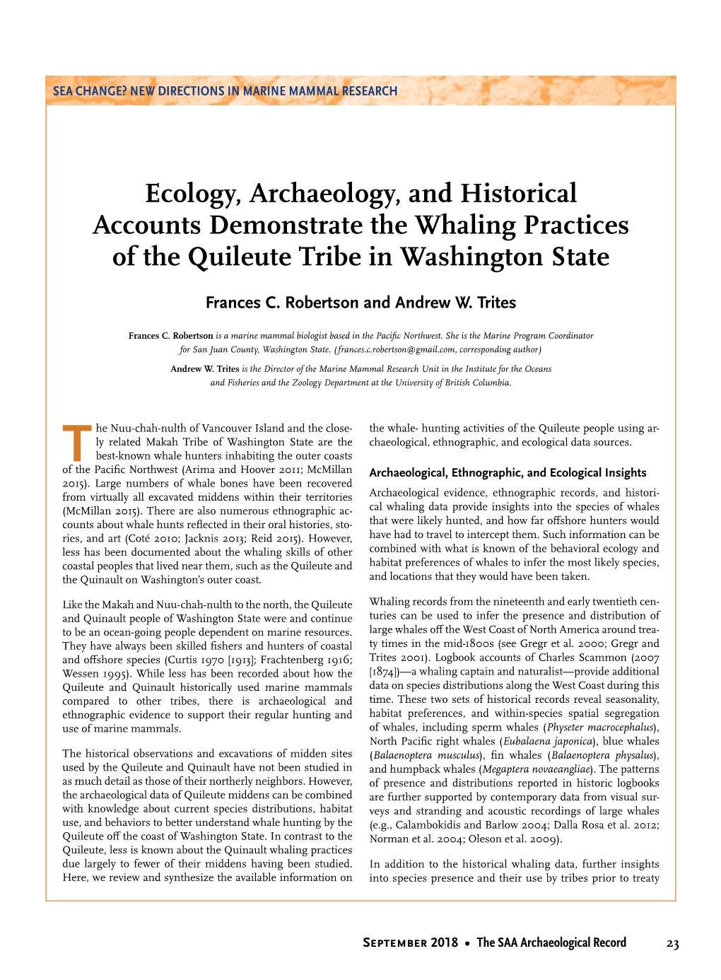 Ecology, Archaeology, and Historical Accounts Demonstrate the Whaling Practices of the Quileute Tribe in Washington State