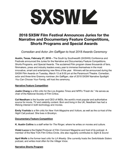2018 SXSW Film Festival Announces Juries for the Narrative and Documentary Feature Competitions, Shorts Programs and Special Awards
