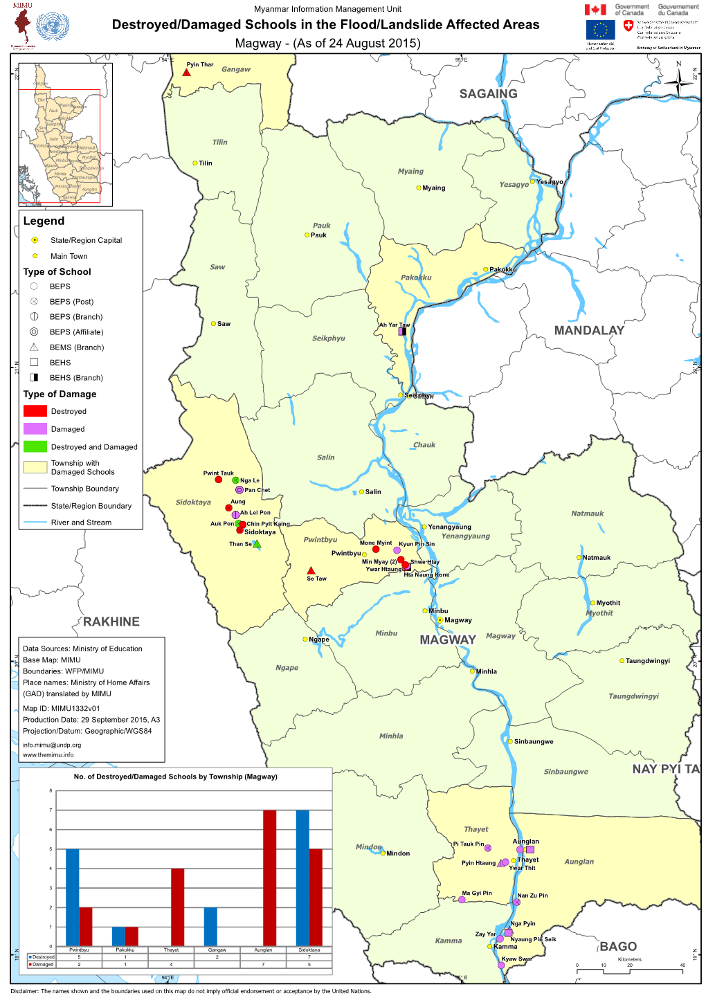 Destroyed/Damaged Schools in the Flood/Landslide Affected Areas Magway - (As of 24 August 2015)