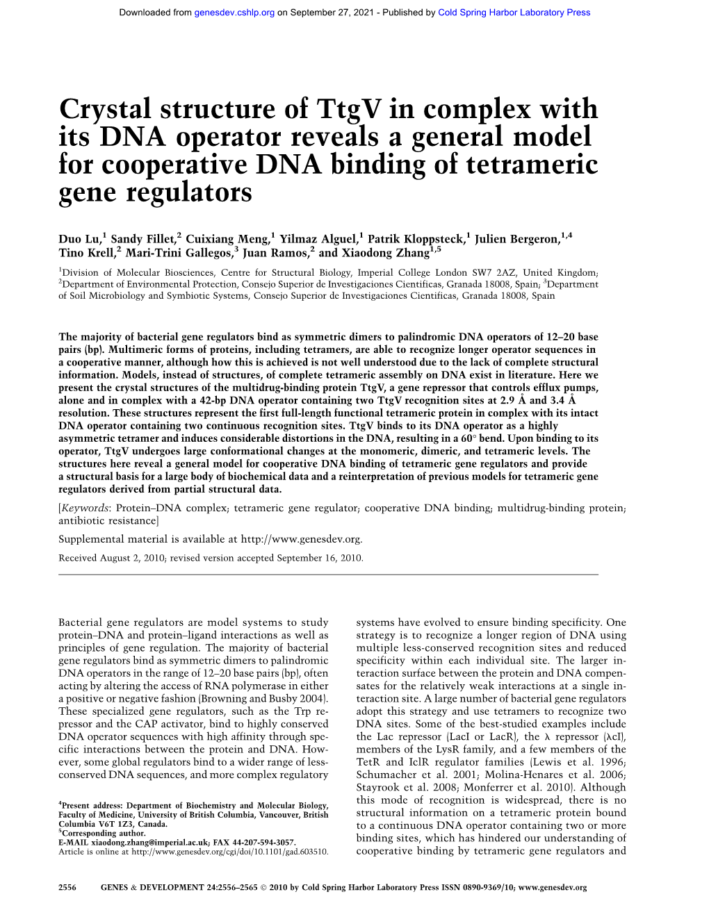 Crystal Structure of Ttgv in Complex with Its DNA Operator Reveals a General Model for Cooperative DNA Binding of Tetrameric Gene Regulators