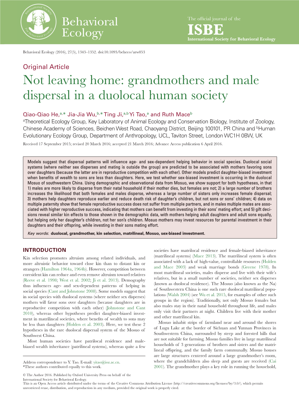Grandmothers and Male Dispersal in a Duolocal Human Society