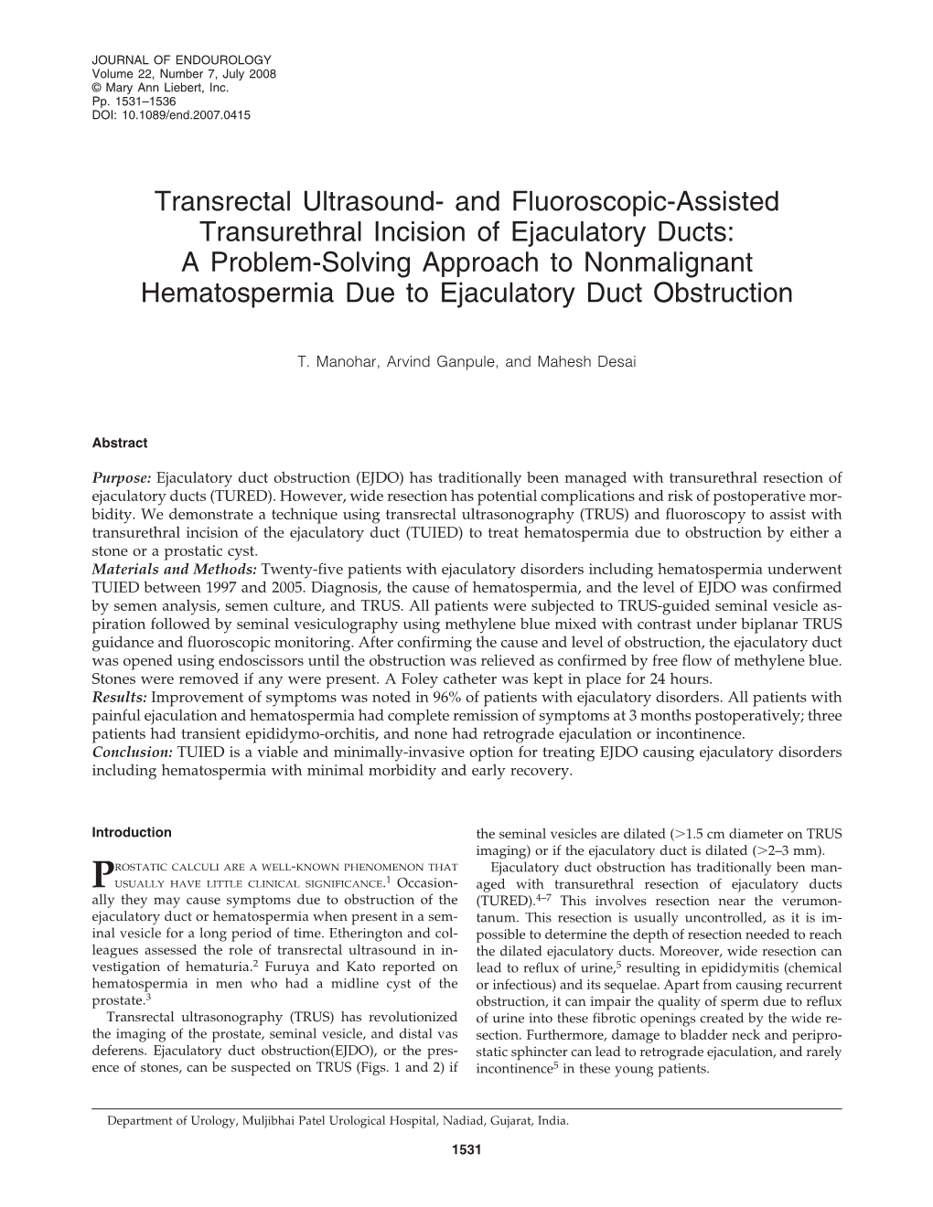 And Fluoroscopic-Assisted Transurethral Incision of Ejaculatory Ducts: a Problem-Solving Approach to Nonmalignant Hematospermia Due to Ejaculatory Duct Obstruction