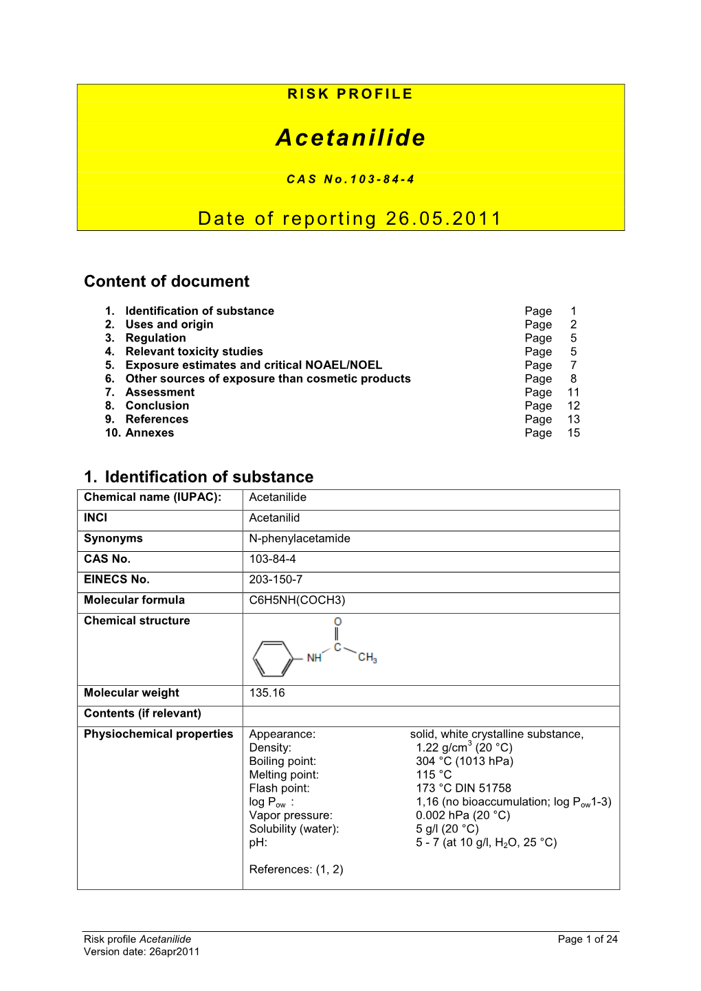 RISK PROFILE of Acetanilide