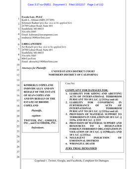 Copeland V. Twitter, Google, and Facebook, Complaint for Damages Case 3:17-Cv-05851 Document 1 Filed 10/12/17 Page 2 of 112