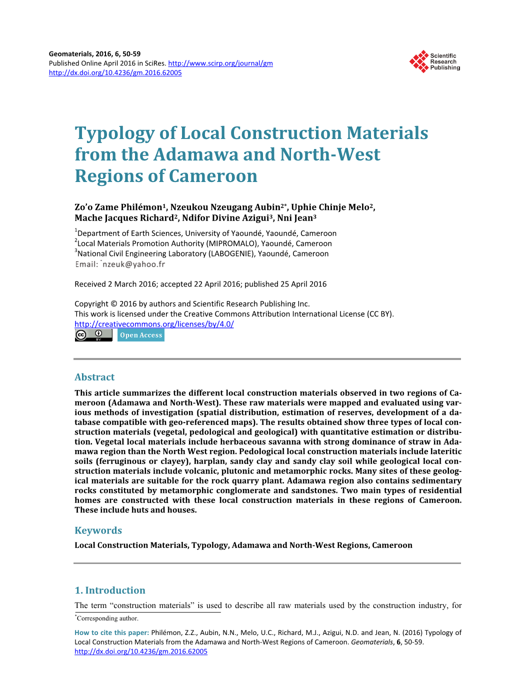 Typology of Local Construction Materials from the Adamawa and North-West Regions of Cameroon