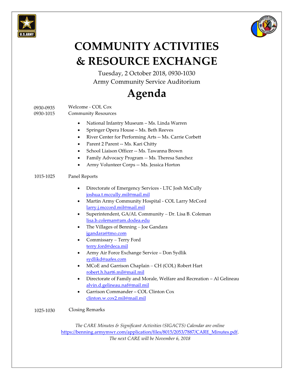COMMUNITY ACTIVITIES & RESOURCE EXCHANGE Agenda