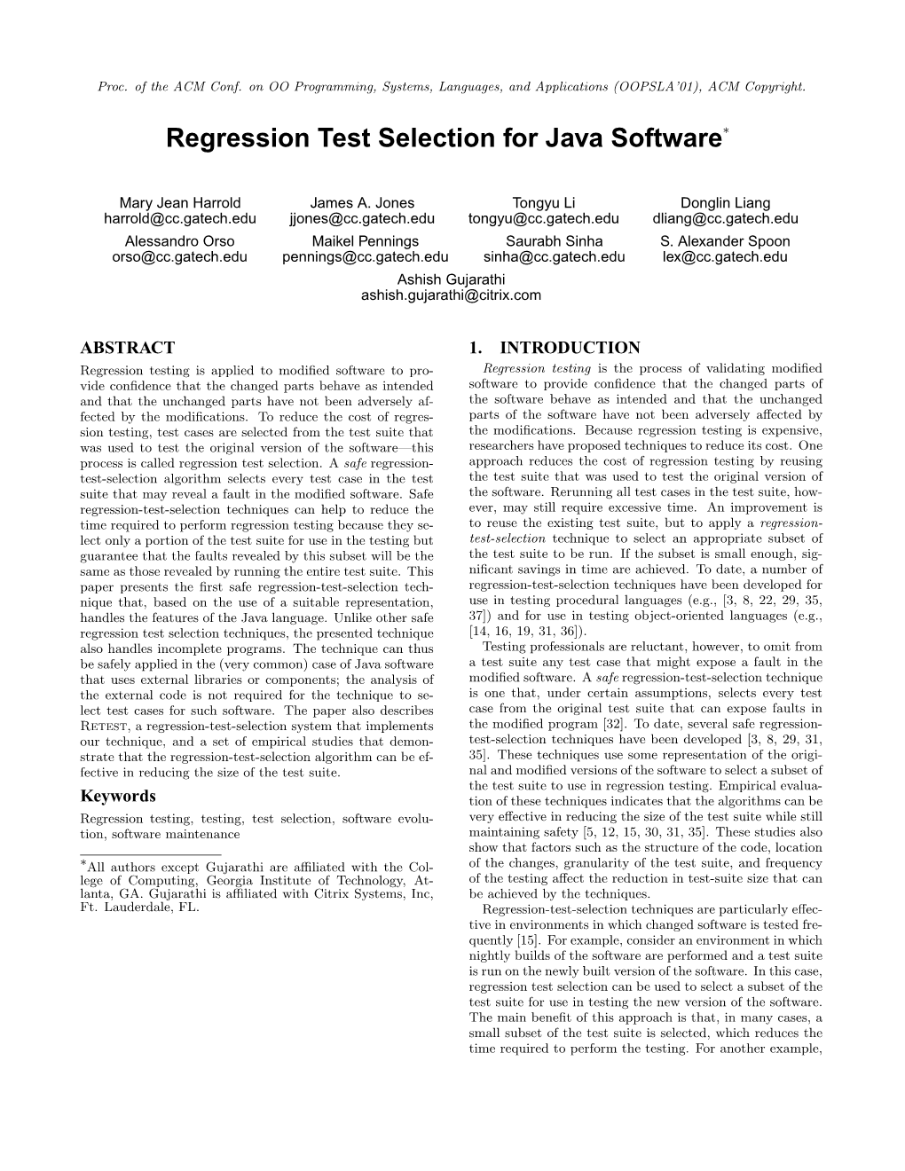 Regression Test Selection for Java Software∗