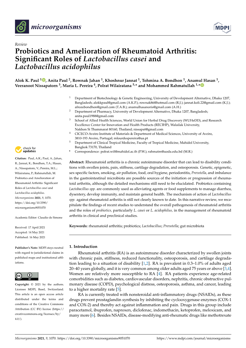 Probiotics and Amelioration of Rheumatoid Arthritis: Signiﬁcant Roles of Lactobacillus Casei and Lactobacillus Acidophilus