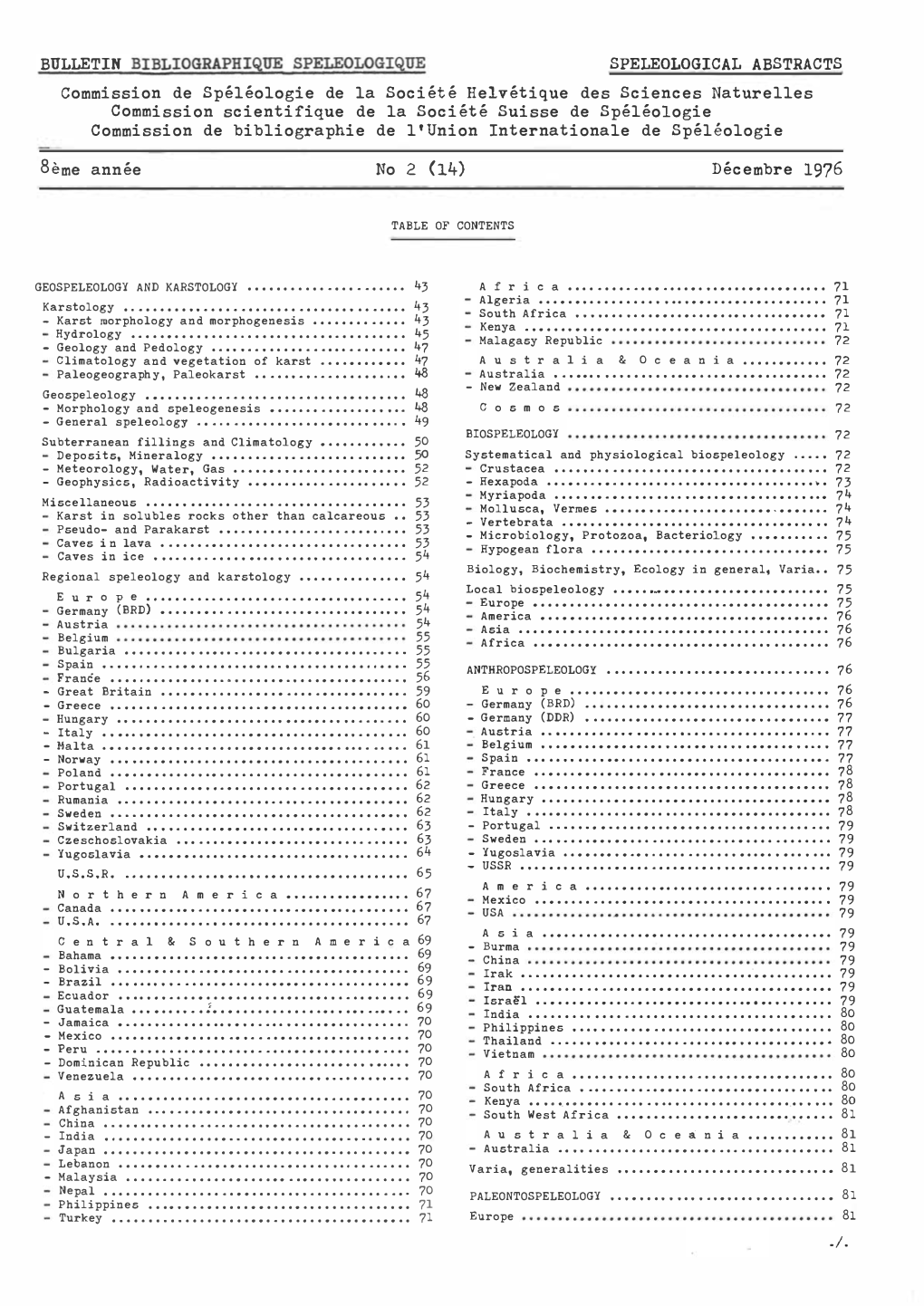 Bulletin Bibliographique Speleologique Speleological Abstracts