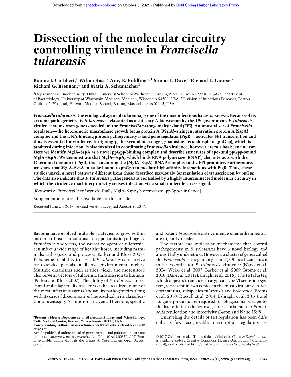 Dissection of the Molecular Circuitry Controlling Virulence in Francisella Tularensis