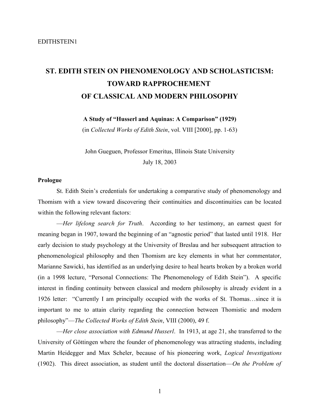 St. Edith Stein on Phenomenology and Scholasticism